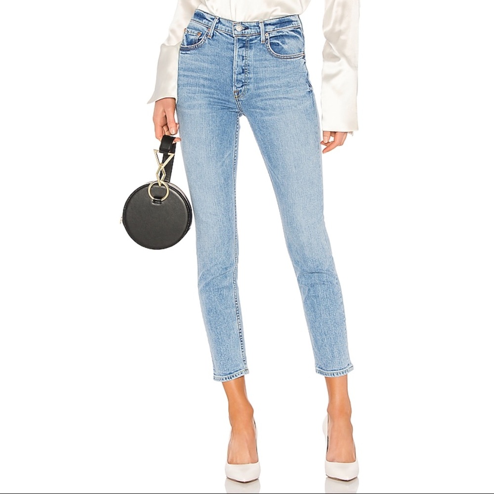 GRLFRND High Waisted Distressed Mom Ankle Jeans